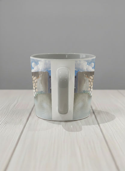 Conical Mug | The Timeless Facade side view mug ancient stone walls rising under a bright blue sky with soft drifting clouds, clean pearl white interior and handle,  by Samuel Kwok Gallery By Inhesion