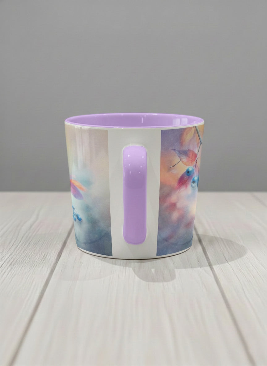 conical mug | Frosted Morning side view mug, vivid blue berries and autumn leaves drifting across a dreamy pastel rainbow wash, soft lavender interior and handle, by Karina Mosser - Gallery By Inhesion