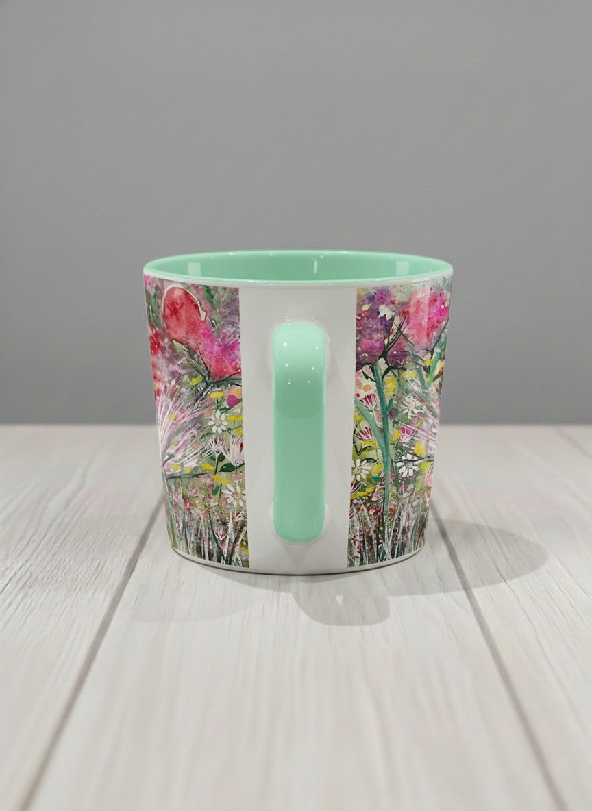 Conical Mug | Garden Mantra side view mug with a vibrant floral design and colorful abstract pattern by Renee Pupetz - Gallery By Inhesion