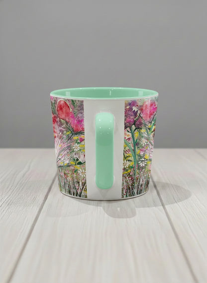 Conical Mug | Garden Mantra side view mug with a vibrant floral design and colorful abstract pattern by Renee Pupetz - Gallery By Inhesion