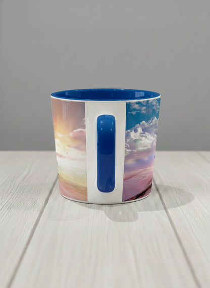 Conical Mug | The Shore of Summer Longing side view mug showing a scenic beach illustration with a girl and a sunset by Samuel Kwok - Gallery By Inhesion