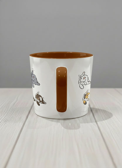 conical Mug | The Grooming Club side view mug eight cats mid-stretch and self-groom in playful rows, soft grey interior and handle, by Hyun Jung Cho