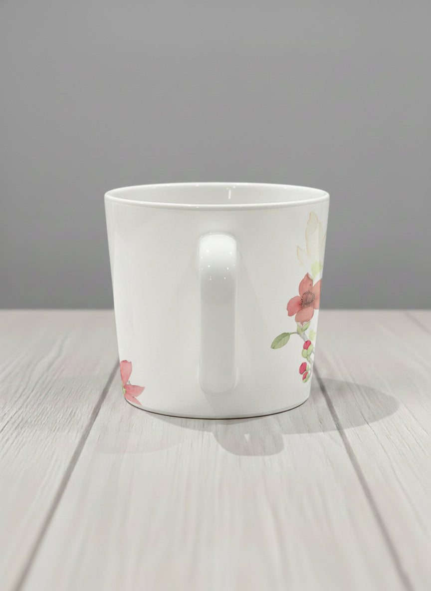 Conical Mug | The Radiance of Red Kapok side view mug with watercolor illustration of a red bird and pink flowers artwork by Alice Wong - Gallery By Inhesion