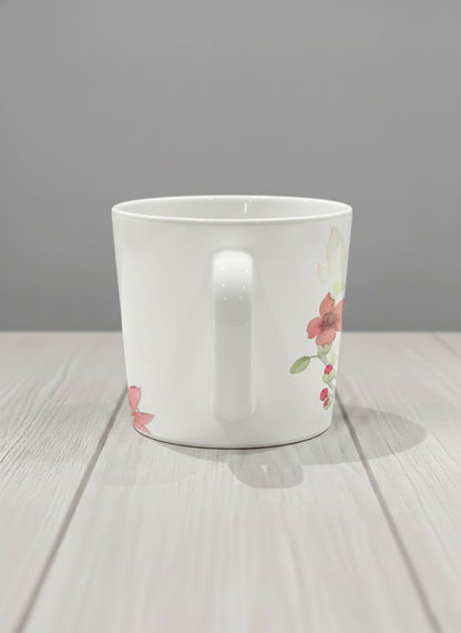 Conical Mug | The Radiance of Red Kapok side view mug with watercolor illustration of a red bird and pink flowers artwork by Alice Wong - Gallery By Inhesion