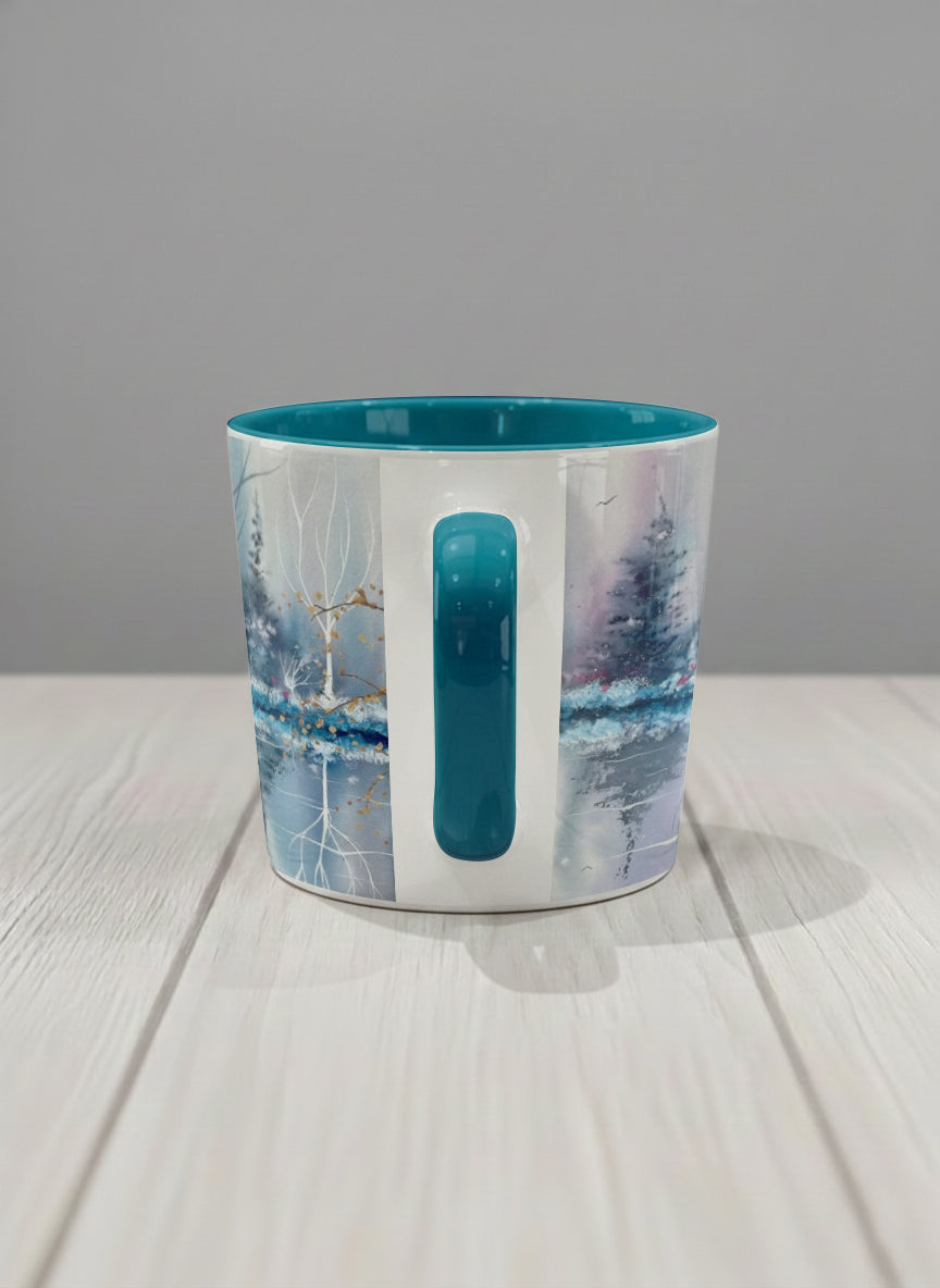 Conical Mug | Winter Reflections on a Frosted Slope side view mug showing a serene landscape with trees, water, and a moon design by Renee Pupetz - Gallery By Inhesion
