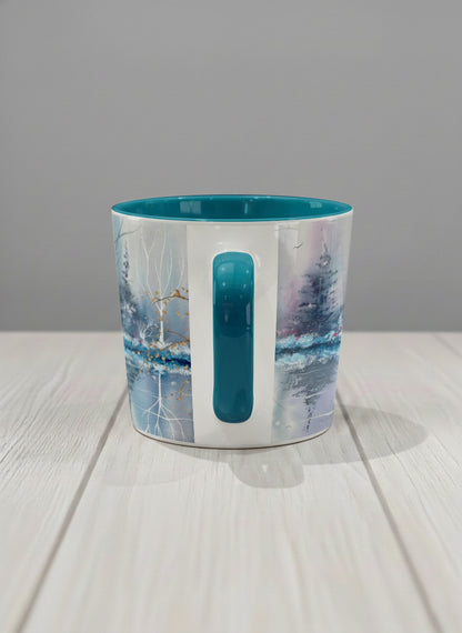 Conical Mug | Winter Reflections on a Frosted Slope side view mug showing a serene landscape with trees, water, and a moon design by Renee Pupetz - Gallery By Inhesion