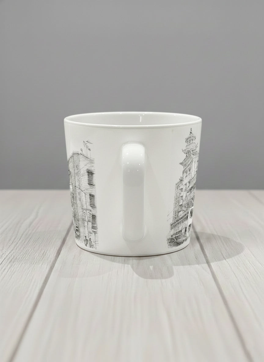 Conical Mug | Tramway Through Time side view mug showing a sketch of streets and tram in Hong Kong by Samuel Kwok - Gallery By Inhesion