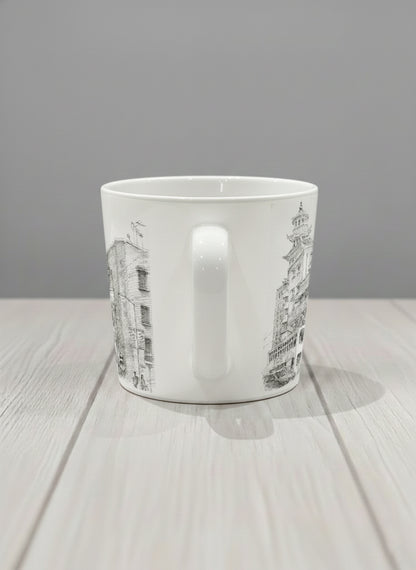 Conical Mug | Tramway Through Time side view mug showing a sketch of streets and tram in Hong Kong by Samuel Kwok - Gallery By Inhesion
