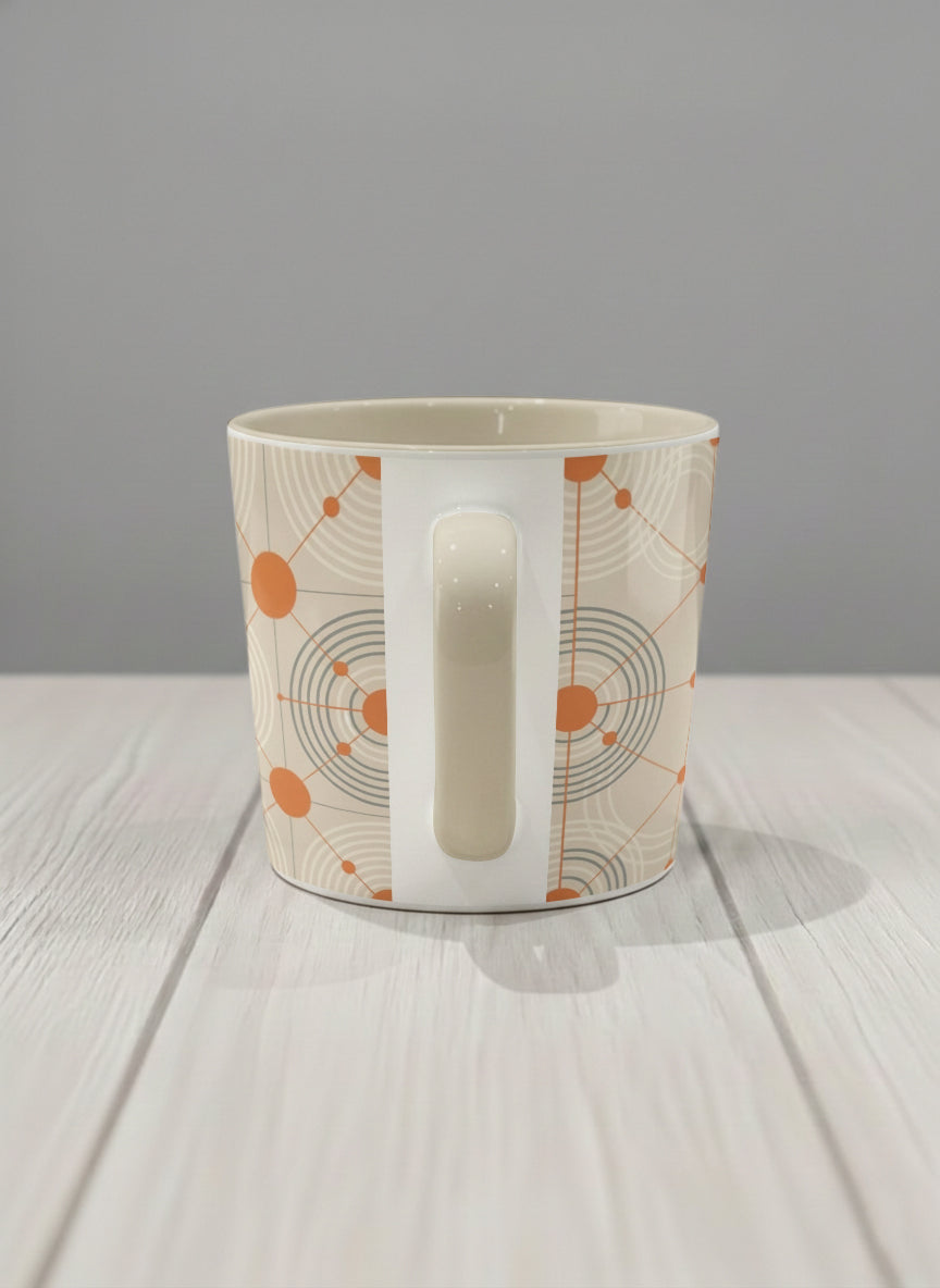 Conical Mug | Entangled Terracotta Web side view mug, orange geometric circle pattern, cream finish, by Alan CL Lee - Gallery By Inhesion