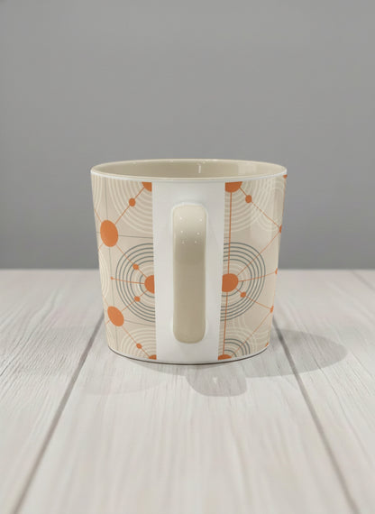 Conical Mug | Entangled Terracotta Web side view mug, orange geometric circle pattern, cream finish, by Alan CL Lee - Gallery By Inhesion