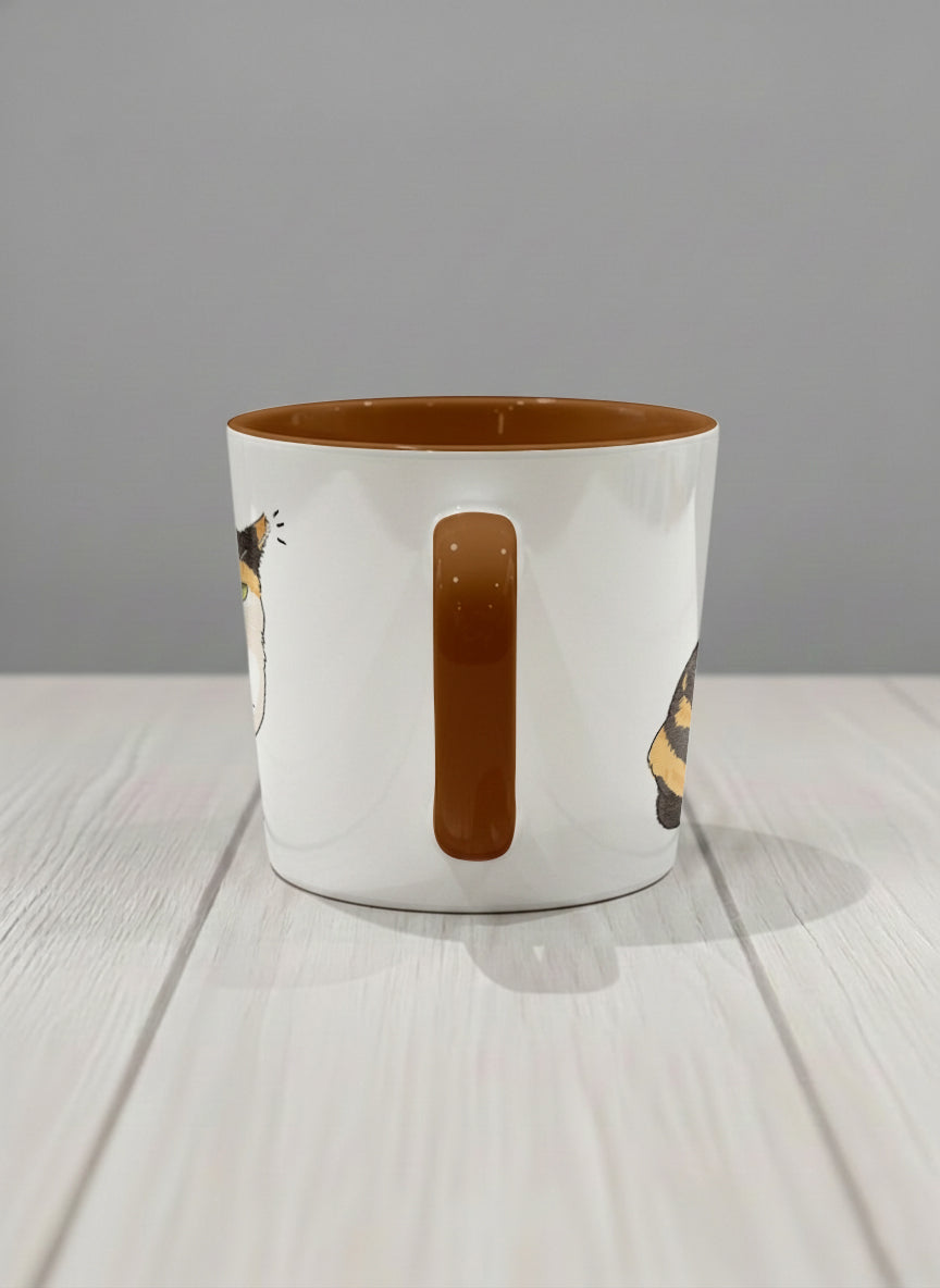 conical Mug | Spicy Calico side view mug grumpy calico cat with piercing green eyes and ruffled fur, dark chocolate interior, by Hyun Jung Cho