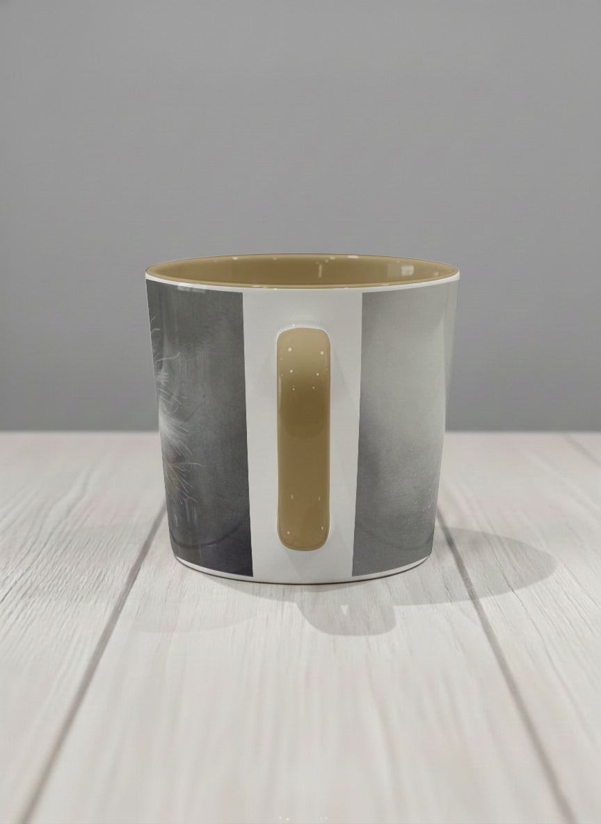 Conical Mug | Wild and Free side view mug, photorealistic cat portrait emerging from a soft smoky mist, warm beige interior and handle, by Karina Mosser - Gallery By Inhesion