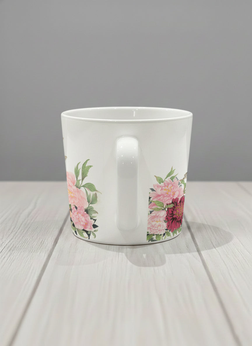 Conical Mug | A Tapestry of Flowers side view mug with watercolor bird flying amid pink/red flowers by Alice Wong - Gallery By Inhesion