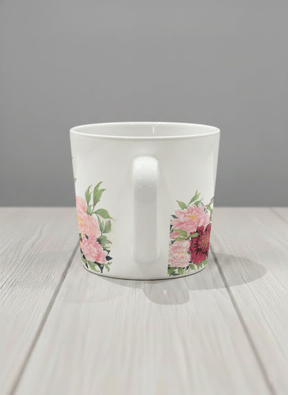 Conical Mug | A Tapestry of Flowers side view mug with watercolor bird flying amid pink/red flowers by Alice Wong - Gallery By Inhesion
