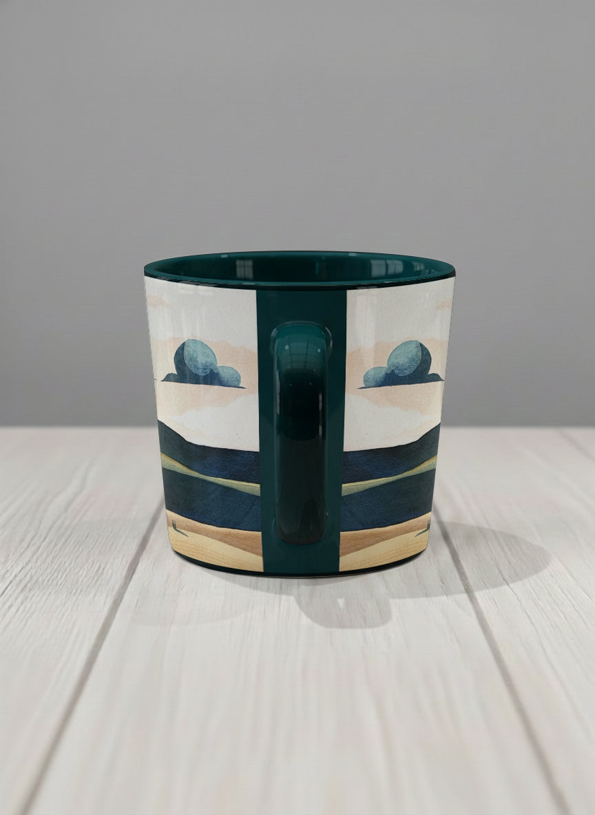 Conical mug | Share a Sunset side view mug a lone figure walking through rolling sand dunes beneath a glowing orange sun and layered teal clouds, deep teal interior and handle, by KikaG - Gallery By Inhesion