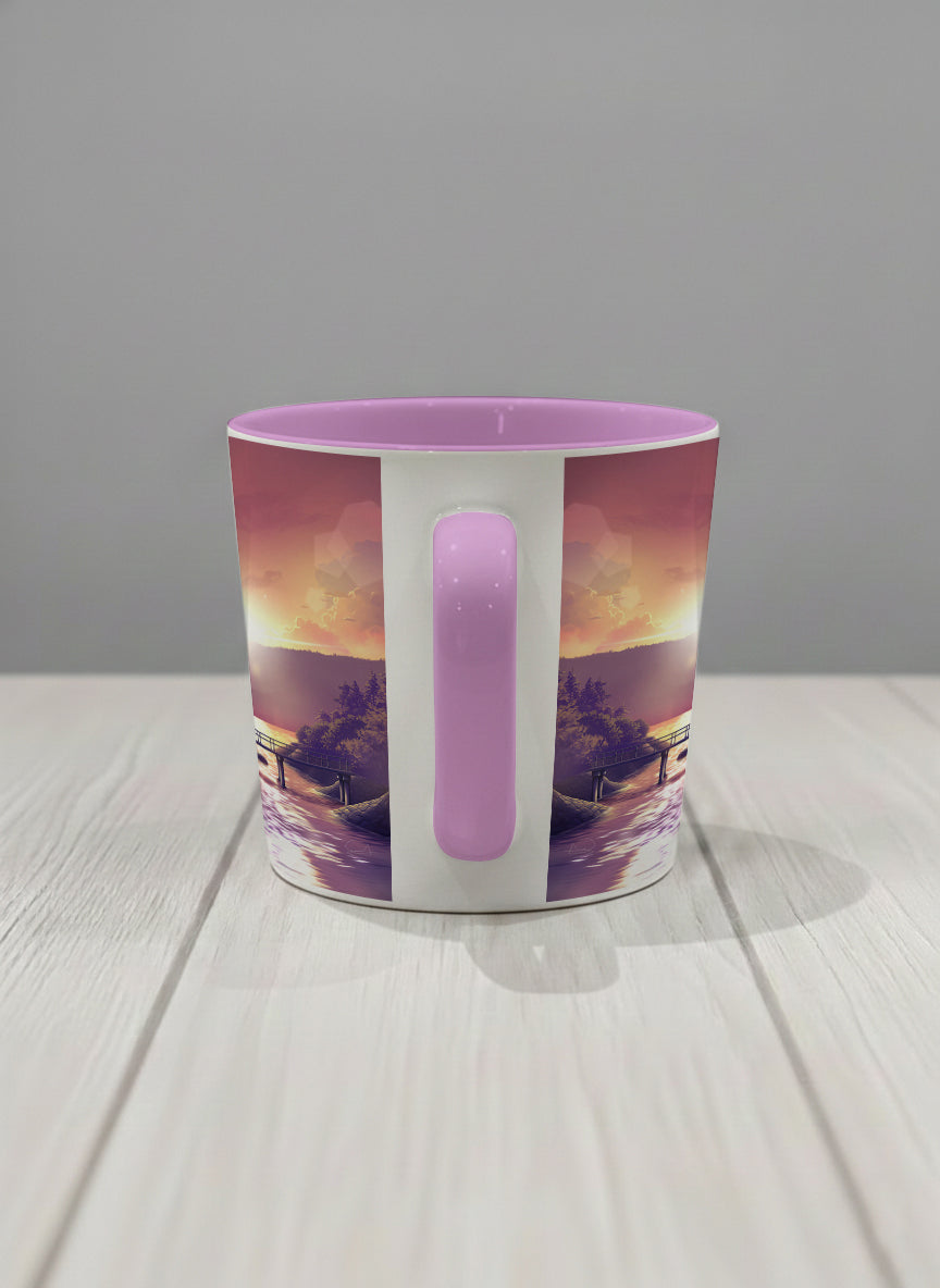 Conical Mug | Gaze into the Golden Hour side view mug glowing sunset over a lakeside pier in warm amber and violet, soft lilac interior, by Samuel Kwok Gallery By Inhesion
