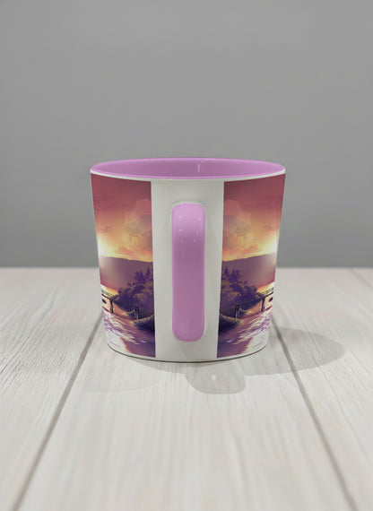 Conical Mug | Gaze into the Golden Hour side view mug glowing sunset over a lakeside pier in warm amber and violet, soft lilac interior, by Samuel Kwok Gallery By Inhesion