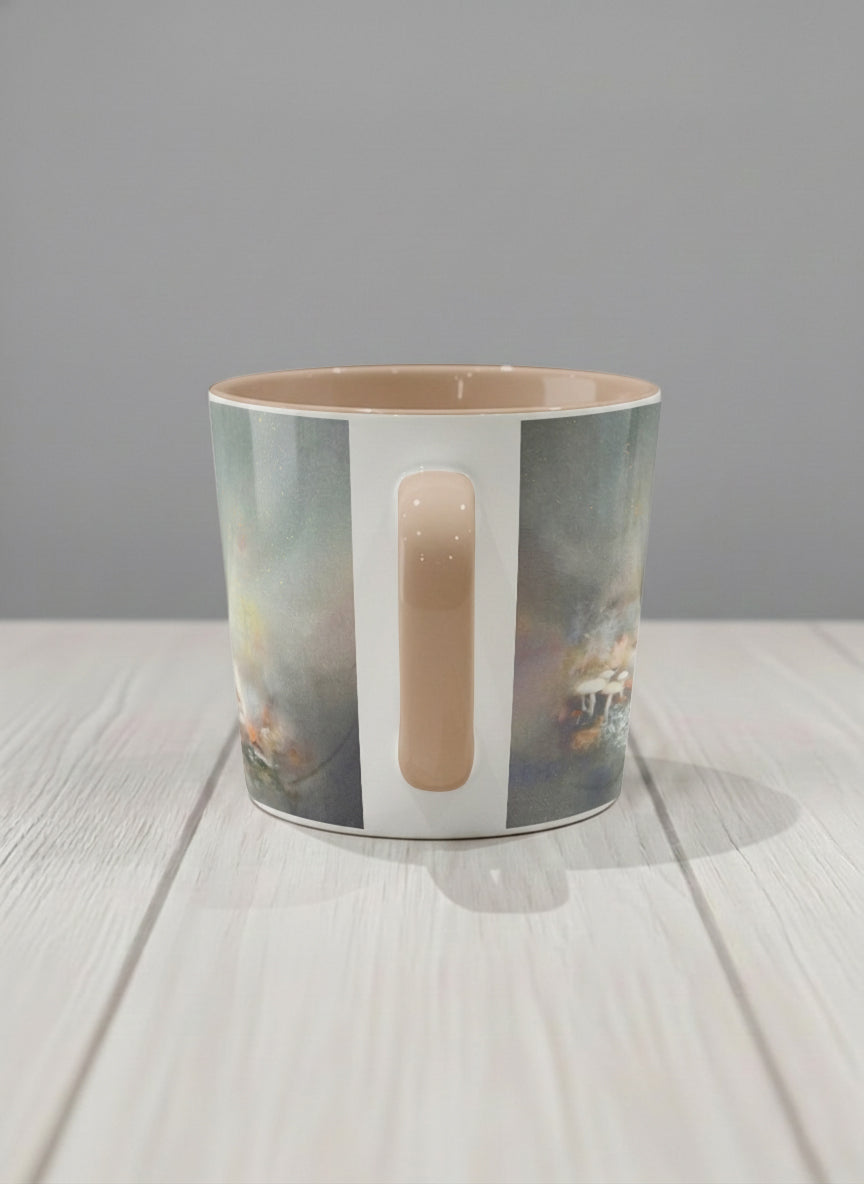 Conical mug | Lullaby side view mug, sleeping fox curled in a soft misty meadow, warm terracotta interior and handle, by Karina Mosser - Gallery By Inhesion