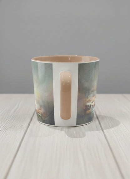 Conical mug | Lullaby side view mug, sleeping fox curled in a soft misty meadow, warm terracotta interior and handle, by Karina Mosser - Gallery By Inhesion