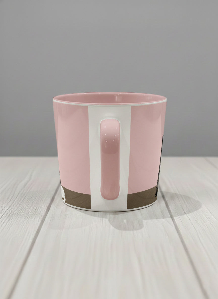 Conical Mug | Korean Beauty & Felines side view mug cats by ornate black lacquer cabinet with floral carvings, blush pink interior, by Hyun Jung Cho