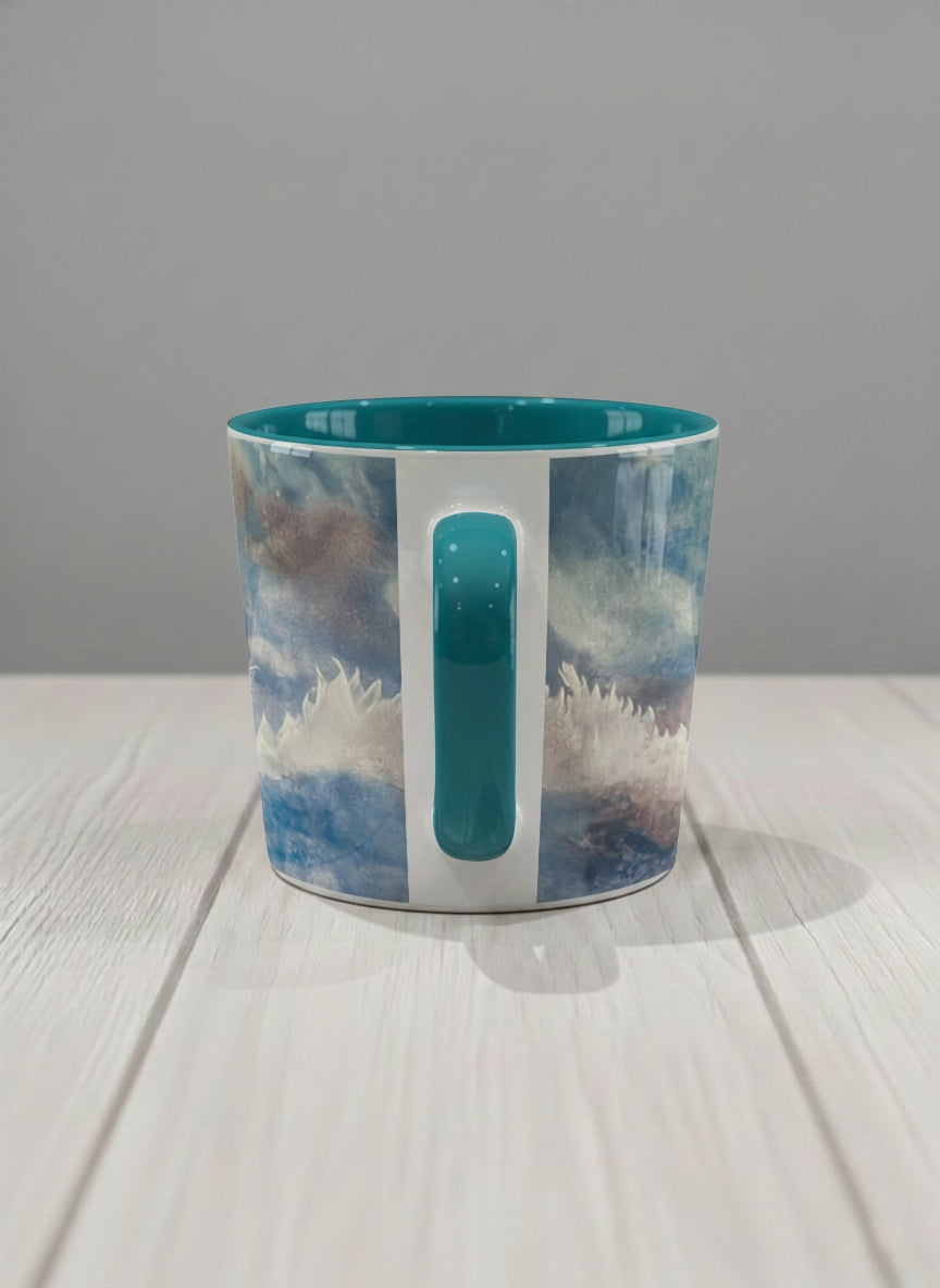 Conical Mug | Sun Rise side view mug with a colorful sun rise over a misty landscape and abstract trees by Renee Pupetz - Gallery By Inhesion