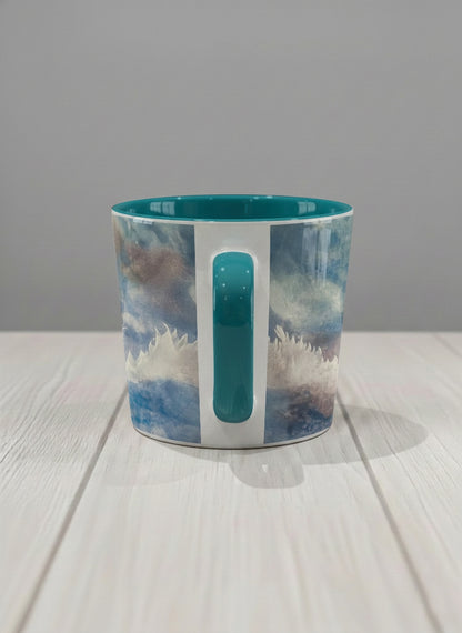 Conical Mug | Sun Rise side view mug with a colorful sun rise over a misty landscape and abstract trees by Renee Pupetz - Gallery By Inhesion
