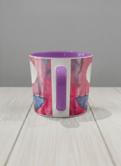 Conical mug | Sail the Moon side view mug with watercolor night scene, boat silhouette, trees and full moon, purple handle and interior by Renee Pupetz - Gallery By Inhesion