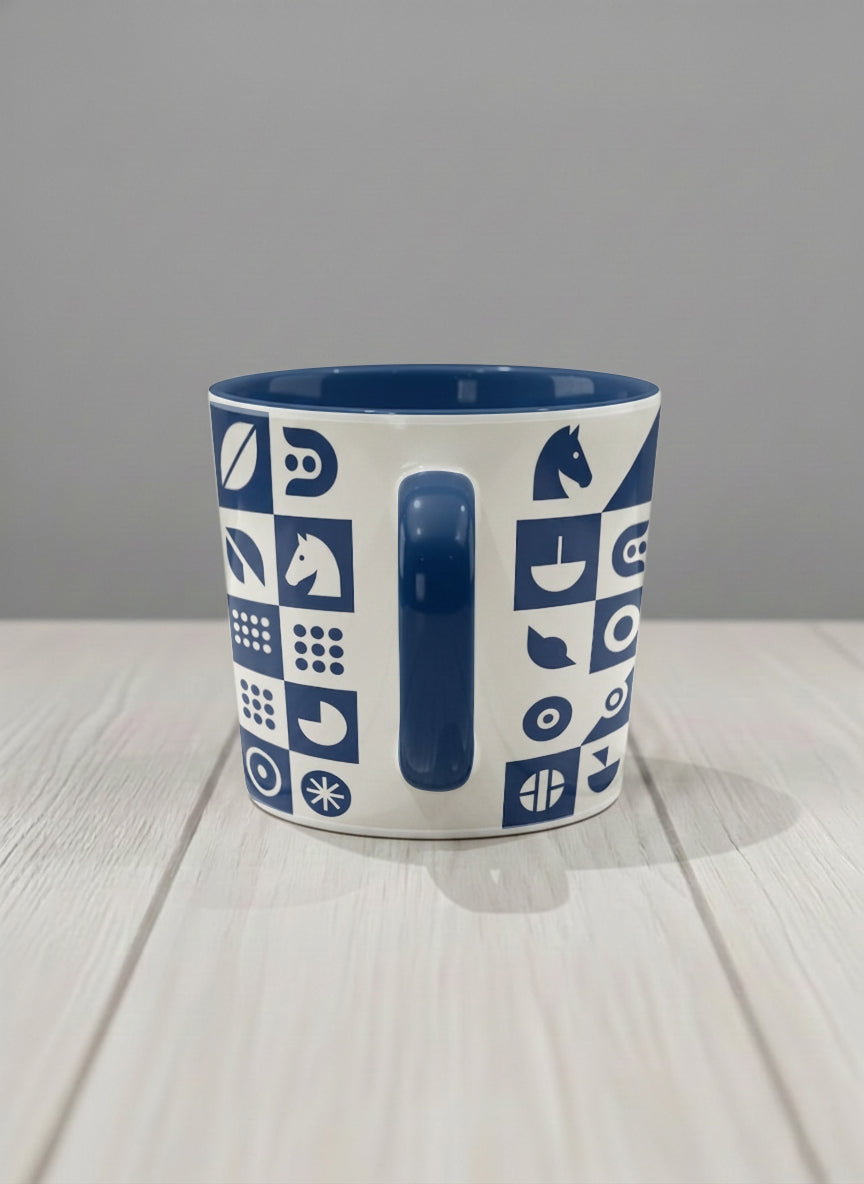 Conical Mug | Multiversal Sigils side view mug, navy and white checkerboard pattern with icons, blue interior and handle, by Alan CL Lee - Gallery By Inhesion