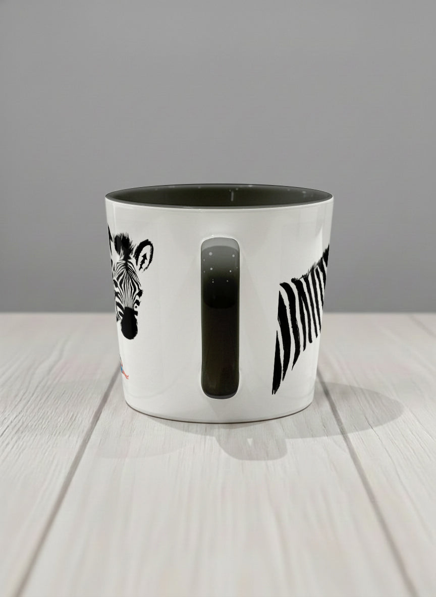 Conical Mug | Swinging between reality and illusion side view mug with a zebra illustration and a person swinging under it by Tang Yau Hoong - Gallery By Inhesion