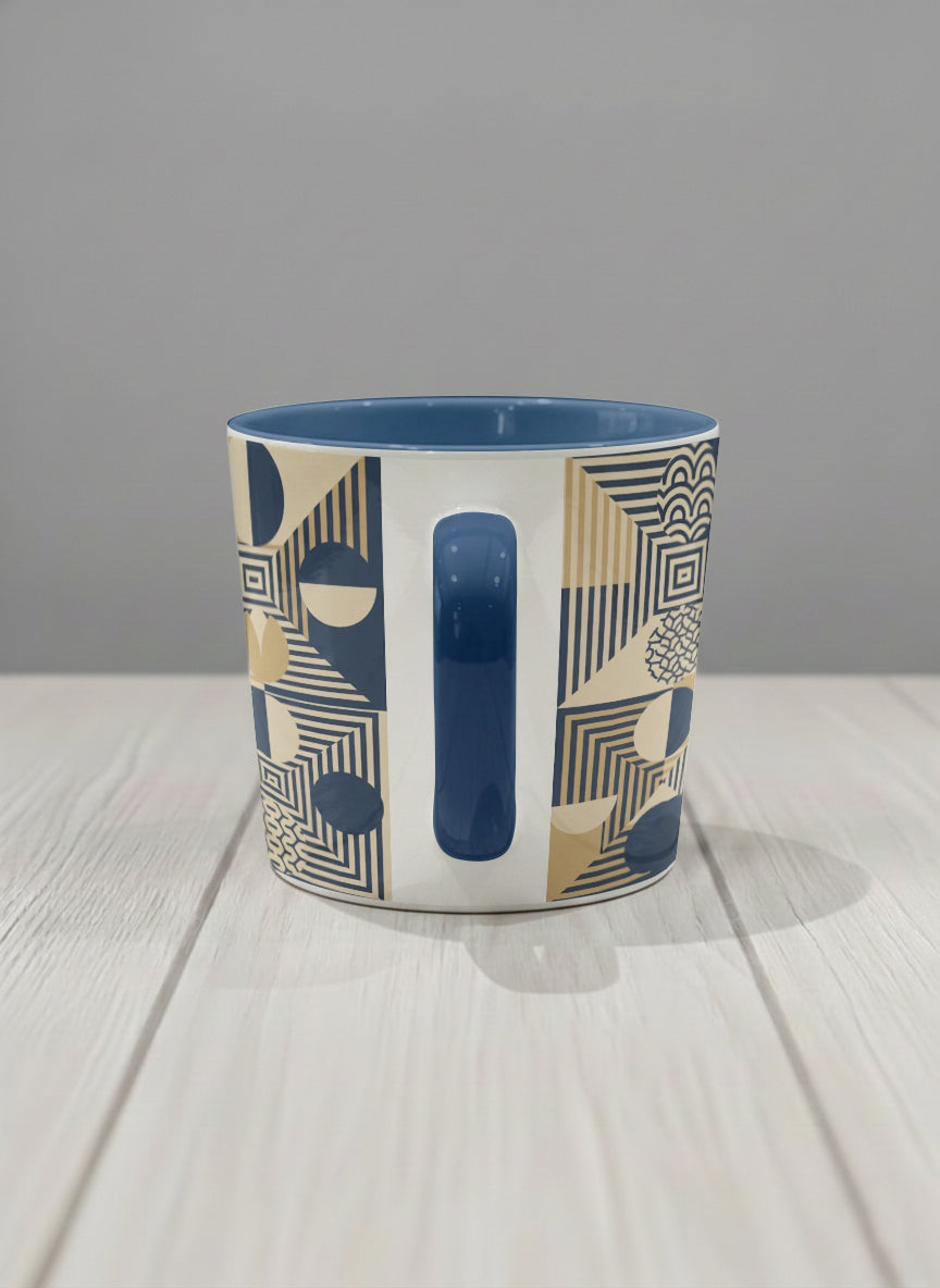 Conical Mug | Fractured Horizon Drift side view mug, navy and gold geometric pattern, dark interior and handle, by Alan CL Lee - Gallery By Inhesion