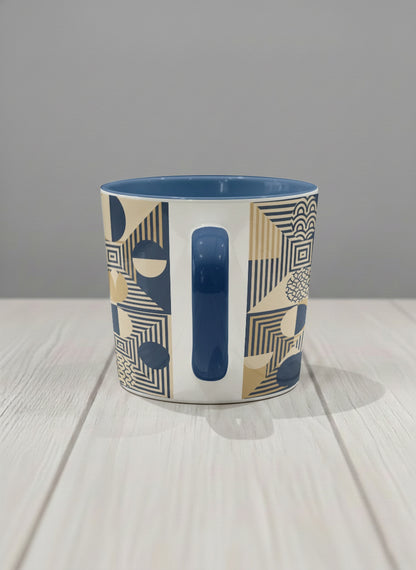Conical Mug | Fractured Horizon Drift side view mug, navy and gold geometric pattern, dark interior and handle, by Alan CL Lee - Gallery By Inhesion