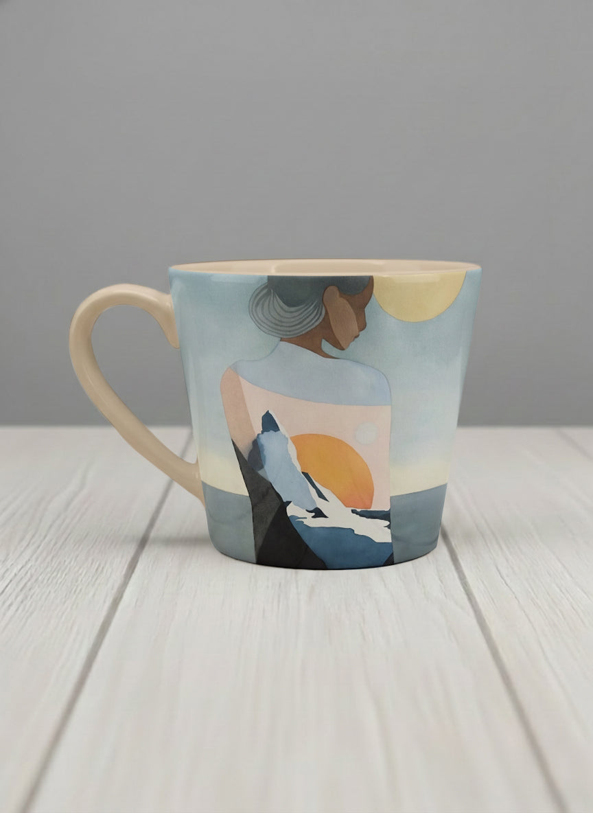 conical mug | A Mountain to Climb left view mug woman gazing over jagged peaks and a golden sun on teal horizon, butter yellow interior, by KikaG - Gallery By Inhesion