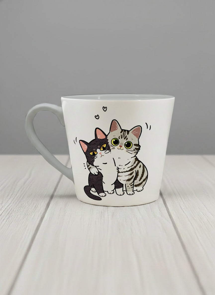 conical mug | Best Buddies left view mug small tuxedo cat leaning into a chubby tabby with tiny floating hearts, sage interior, by Hyun Jung Cho