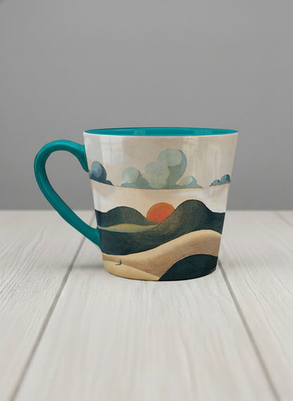 conical mug | Share a Sunset left view  mug a lone figure walking through rolling sand dunes beneath a glowing orange sun and layered teal clouds, deep teal interior and handle, by KikaG - Gallery By Inhesion