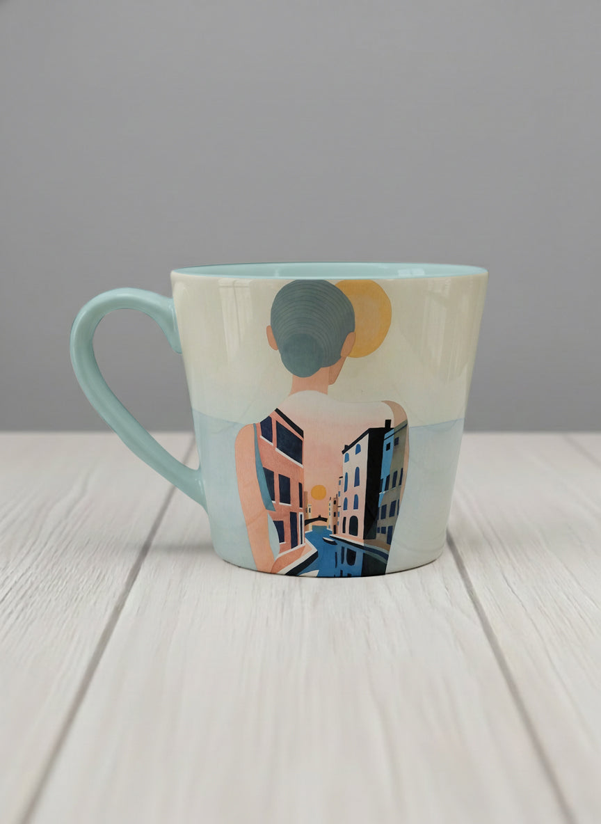 conical mug | Memory on the Bridge left view mug a solitary figure gazing over a sunlit Venetian canal lined with terracotta buildings, soft powder blue interior and handle, by KikaG - Gallery By Inhesion