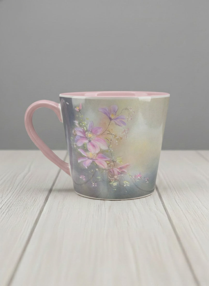 Conical mug | Ethereal Blossoms left view mug, soft pink clematis flowers glowing against a deep moody sage green mist, blush pink interior and handle, by Karina Mosser - Gallery By Inhesion