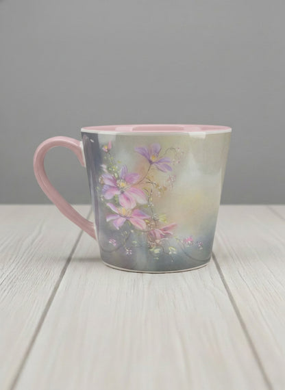 Conical mug | Ethereal Blossoms left view mug, soft pink clematis flowers glowing against a deep moody sage green mist, blush pink interior and handle, by Karina Mosser - Gallery By Inhesion