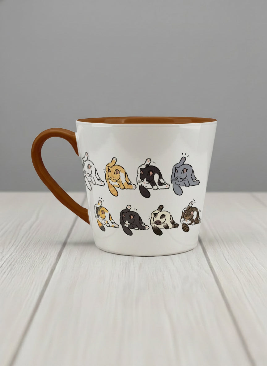 conical Mug | The Grooming Club left view mug eight cats mid-stretch and self-groom in playful rows, soft grey interior and handle, by Hyun Jung Cho