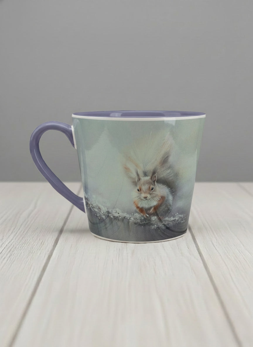 Conical mug | Caught in Frost left view mug, wide-eyed squirrel emerging from a misty winter ground, slate blue interior and handle, by Karina Mosser - Gallery By Inhesion