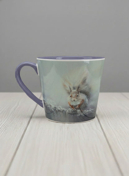 Conical mug | Caught in Frost left view mug, wide-eyed squirrel emerging from a misty winter ground, slate blue interior and handle, by Karina Mosser - Gallery By Inhesion