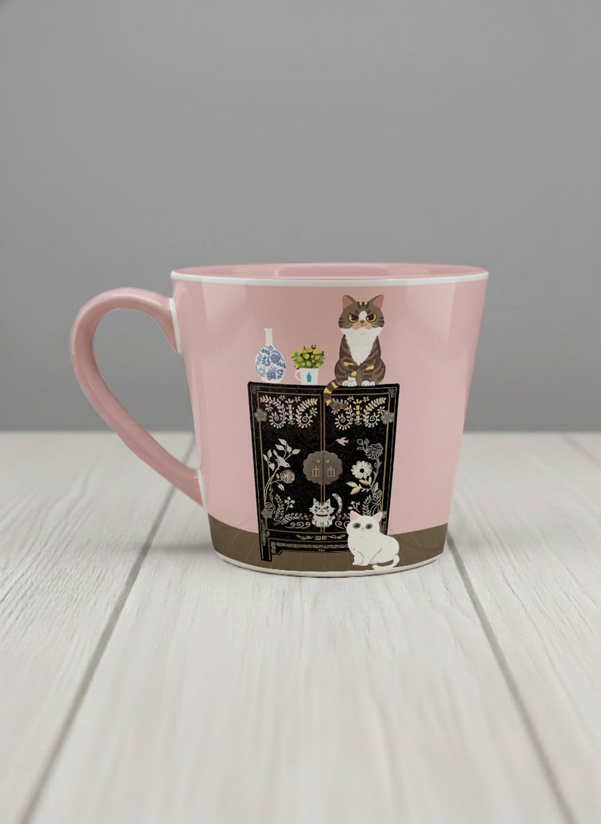 Conical Mug | Korean Beauty & Felines left view mug cats by ornate black lacquer cabinet with floral carvings, blush pink interior, by Hyun Jung Cho