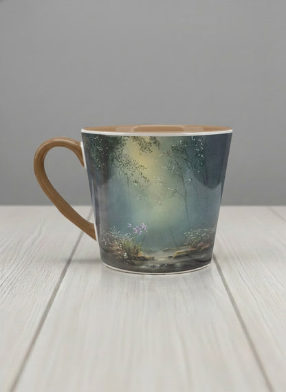 Conical mug | Serenity Stream left view mug, an enchanted forest with glowing light filtering through misty teal trees and wildflowers by a stream, warm olive interior and handle, by Karina Mosser - Gallery By Inhesion