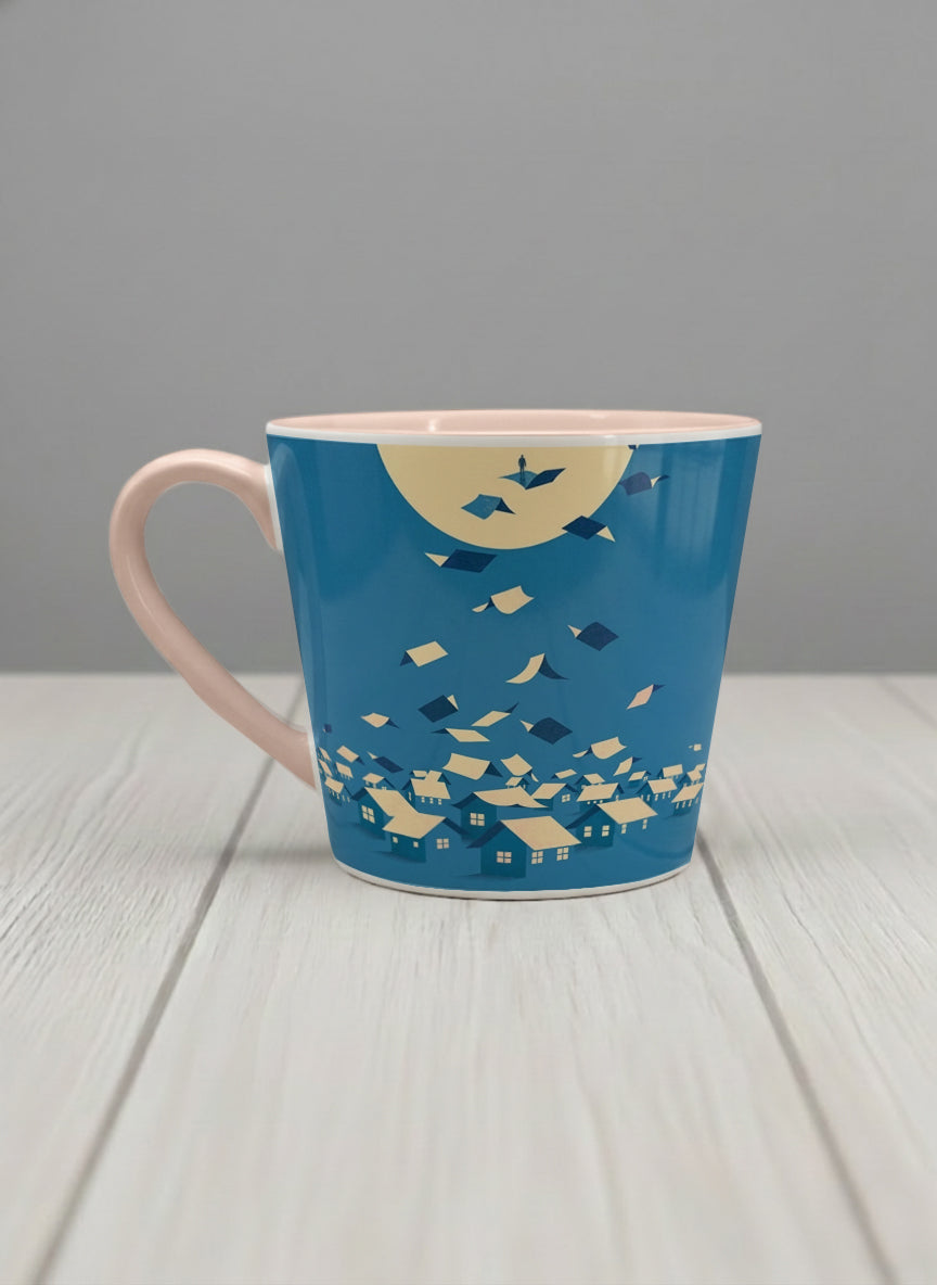 Conical Mug | House of Wings left view mug with whimsical house roof flying over a night cityscape by Tang Yau Hoong - Gallery By Inhesion