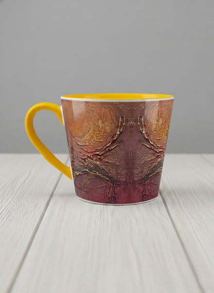 Conical Mug | Fiery Arabesque left view mug showing abstract marbled pattern in earthy brown, red, and gold tones by Mersedes Mein - Gallery By Inhesion