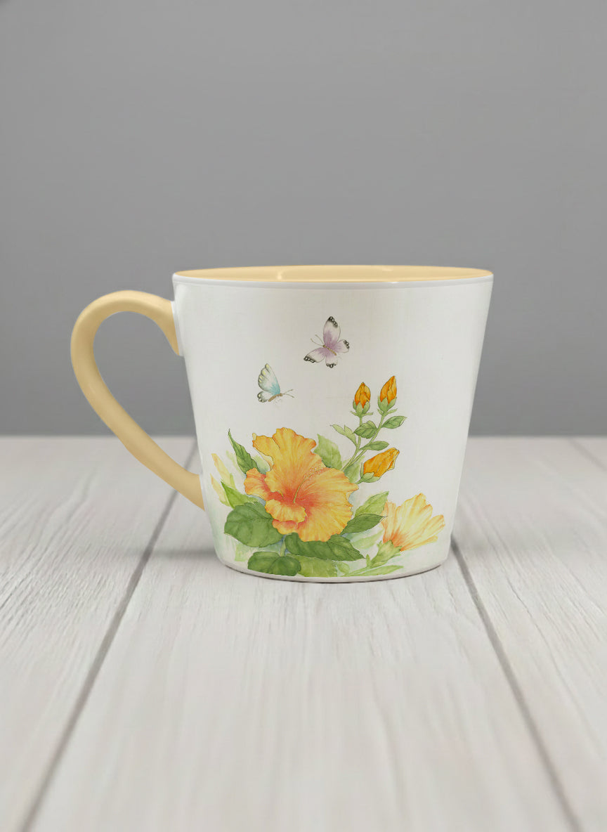 Conical Mug | Butterfly Lovers left view mug with watercolor butterflies and vibrant yellow/orange flowers by Alice Wong - Gallery By Inhesion