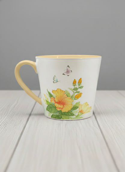 Conical Mug | Butterfly Lovers left view mug with watercolor butterflies and vibrant yellow/orange flowers by Alice Wong - Gallery By Inhesion