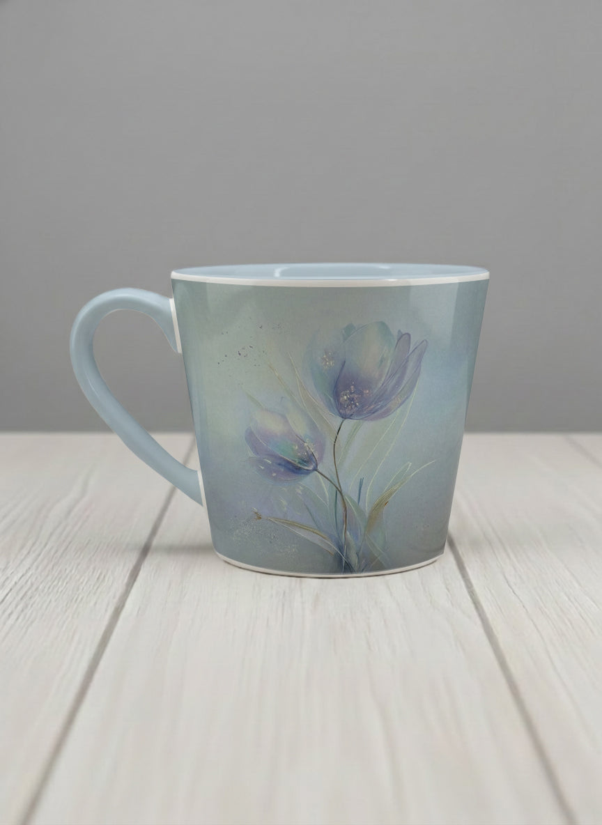 conical mug | Glass Petals left view mug, a delicate translucent poppy bloom emerging from a soft misty blue-grey wash, matching powder blue interior and handle, by Karina Mosser - Gallery By Inhesion