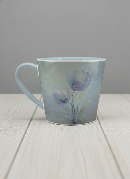 conical mug | Glass Petals left view mug, a delicate translucent poppy bloom emerging from a soft misty blue-grey wash, matching powder blue interior and handle, by Karina Mosser - Gallery By Inhesion
