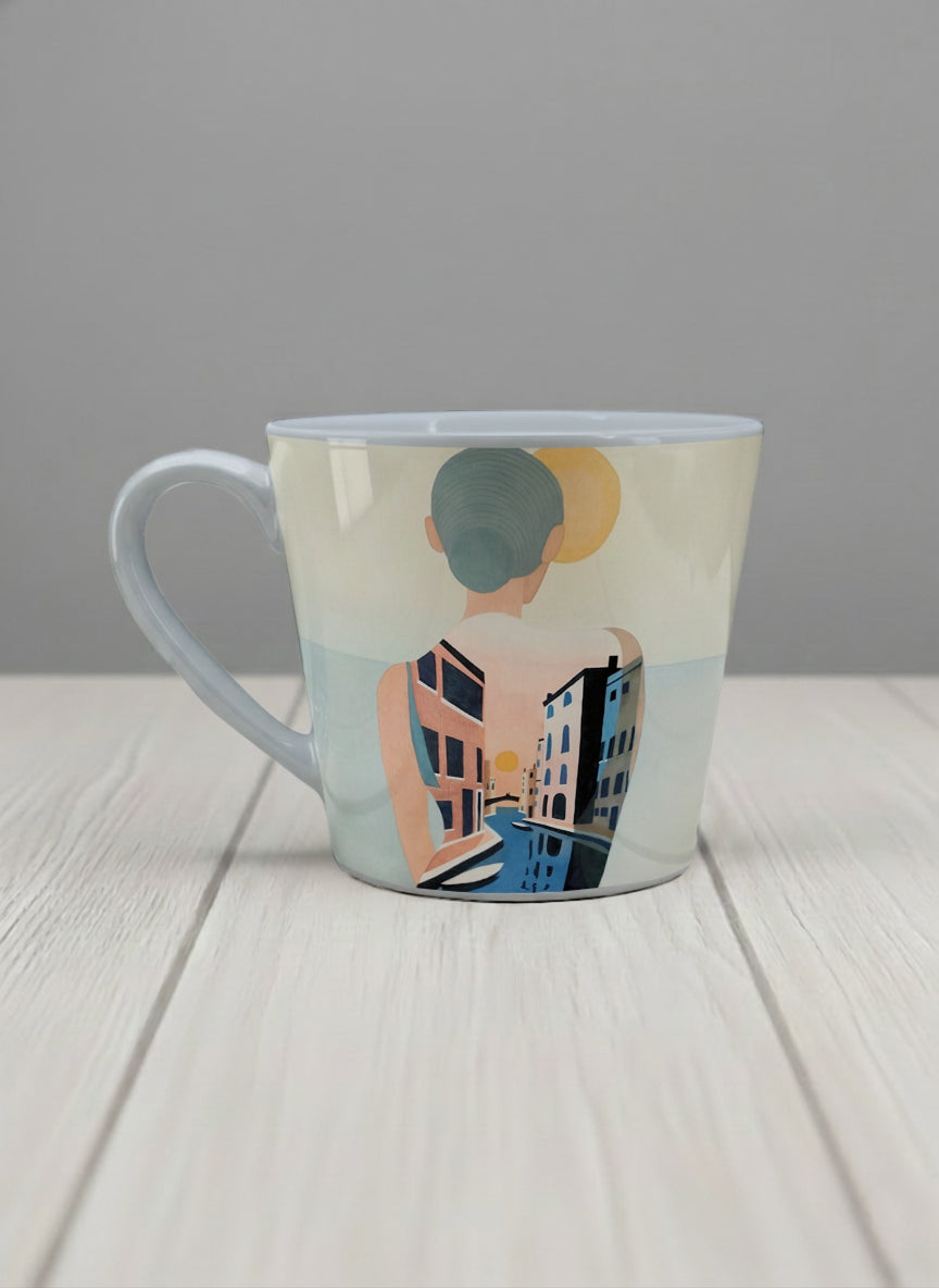 Conical mug | Memory on the Bridge left view mug a solitary figure gazing over a sunlit Venetian canal lined with terracotta buildings, soft powder blue interior and handle, by KikaG - Gallery By Inhesion