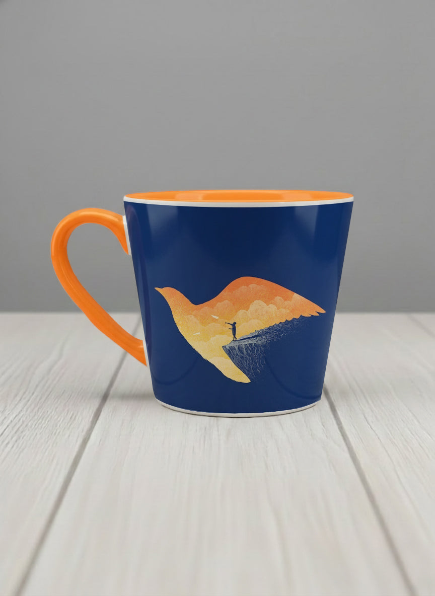 Conical Mug | Dream Big left view mug with surreal flying bird illustration in sunset colors by Tang Yau Hoong - Gallery By Inhesion